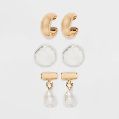 Organic Pearl Drop Earring Set 3pc - A New Day Gold