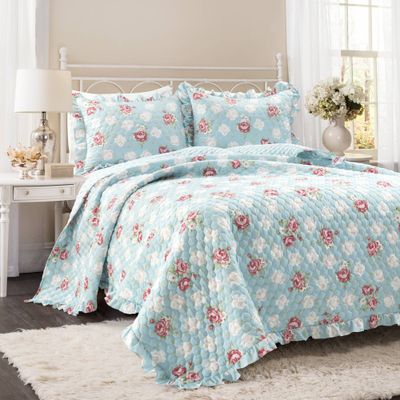 Cottage Floral Ruffle Reversible Oversized Quilt Set Blue/Blush