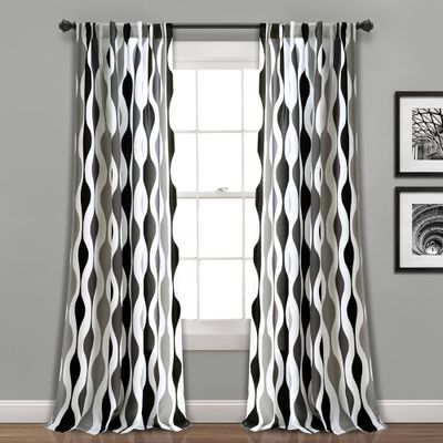 Set of 2 (95x52) Mid Century Geo Light Filtering Window Curtain Panels Black/Gray - Lush Dcor