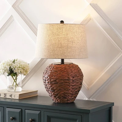 JONATHAN Y Alaro 24.5 Table Lamp: Hand-Woven, Beige Linen Shade, Rustic Metal Frame