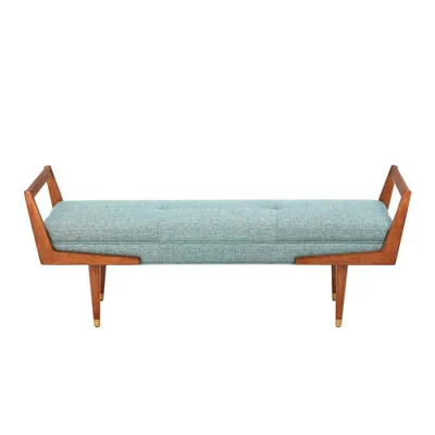 Boomerang Bench Blue/Pecan: Solid Wood Frame, Polyester Upholstery, Mid-Century Modern Design