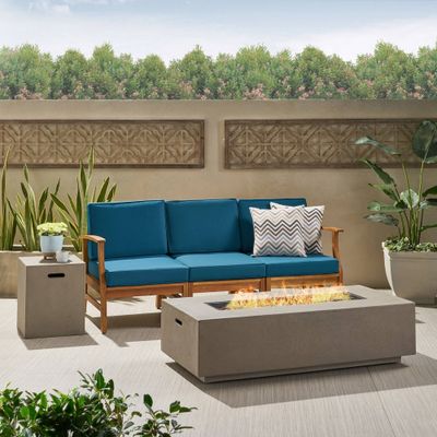 Perla 5pc Acacia Wood Sofa with Rectangular Fire Table - Teak/Blue/Light Gray - Christopher Knight Home