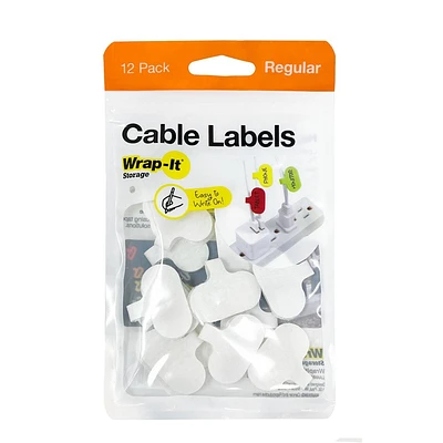 Wrap-It 12pk Storage Cable Labels Regular White: Cord Organizer & Cable Management Clips