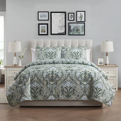 VCNY 3pc King Home Province Green Floral Damask Printed Quilt Set: Microfiber, Hypoallergenic, No Fill