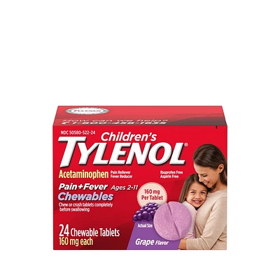 Childrens Tylenol Pain + Fever Relief Chewables - Acetaminophen - Grape - 24ct