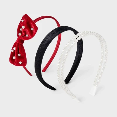 Girls 3pk Bow and Pearls Headband Set - Cat & Jack Red/Black