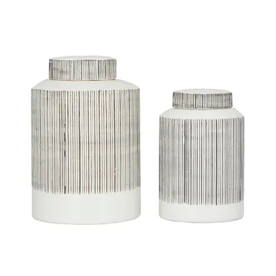 Ceramic Striped Set of 2 Decorative Jars White  CosmoLiving by Cosmopolitan