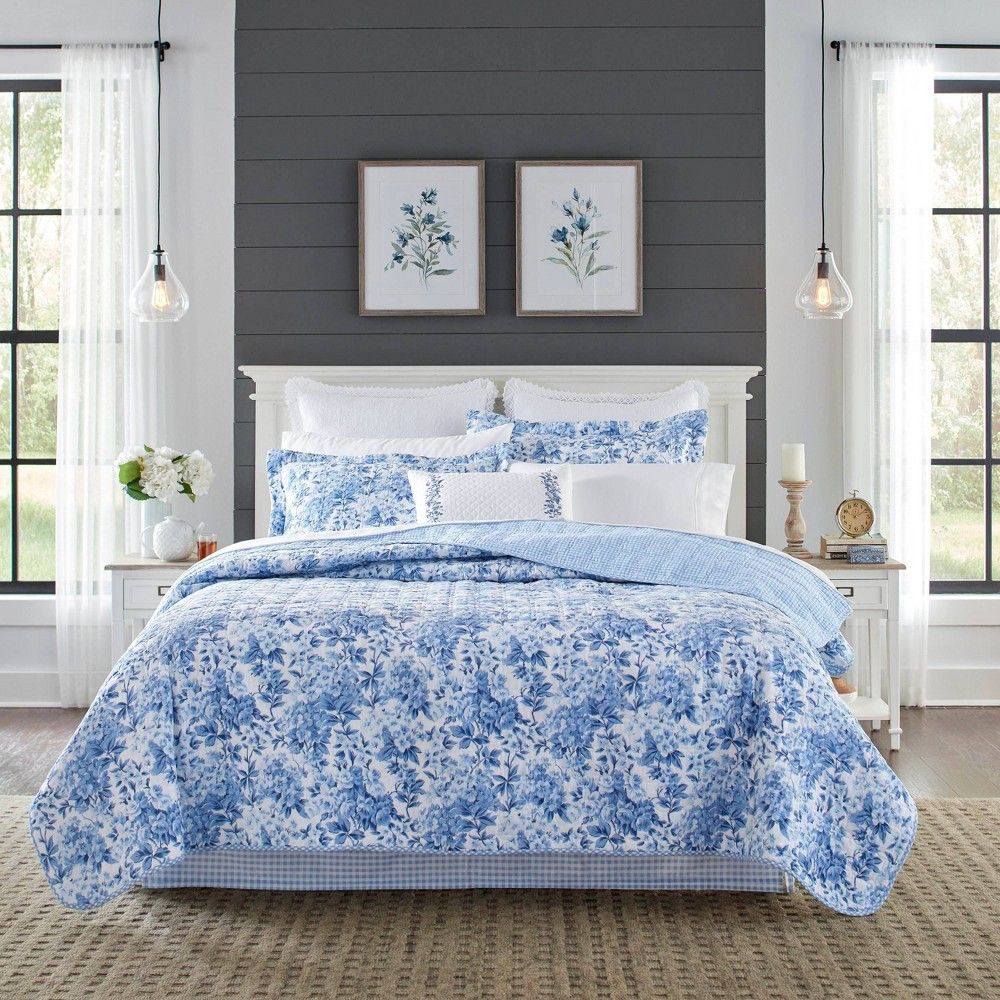 Laura Ashley Full/Queen Brighton 3pc Cotton Quilt & Sham Set Blue - Laura  Ashley