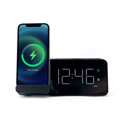 Power Stand Alarm Table Clock Black - Capello: Wireless Charger, USB Port, Modern Design, for Bedroom