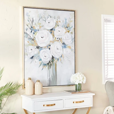 Olivia & May Canvas Floral Handmade Bouquet Framed Wall Art with Silver Frame White: Botanical Painting, Farmhouse Style Decor