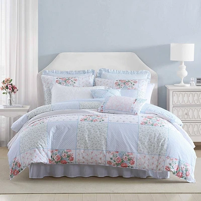 Laura Ashley 7pc King Hope Patchwork Cotton Comforter Set Pink: Includes Euro Sham, Decorative Pillows