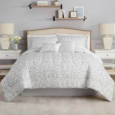 6pc Full/Queen Dashing Damask Comforter Set Gray - Waverly: Polyester Bedding, Split Skirt Corners, Includes Shams & Pillows