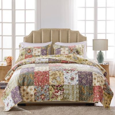 Greenland Home Fashions 3pc  Blooming Prairie Quilt Set Cream/Purple/Sage Green: Cotton Microfiber Bedding Set with Shams