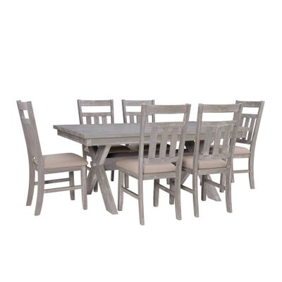 7pc Landon Slat Back Chairs & Large Table Dining Set  - Powell: Rubberwood & Ash Veneer