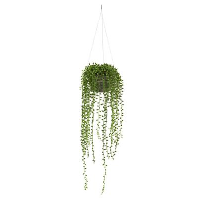 Nearly Natural 21 x 6 Artificial String of Pearl Plant in Hanging Basket: Indoor Faux Floral Decor, Polyester & Ceramic