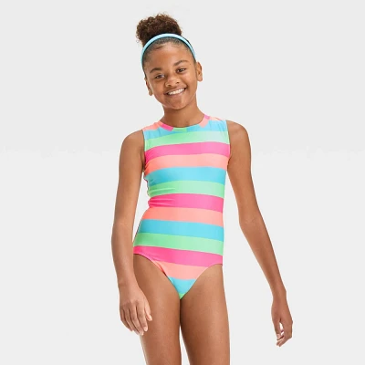 Girls Sweet Summer Striped One Piece Swimsuit