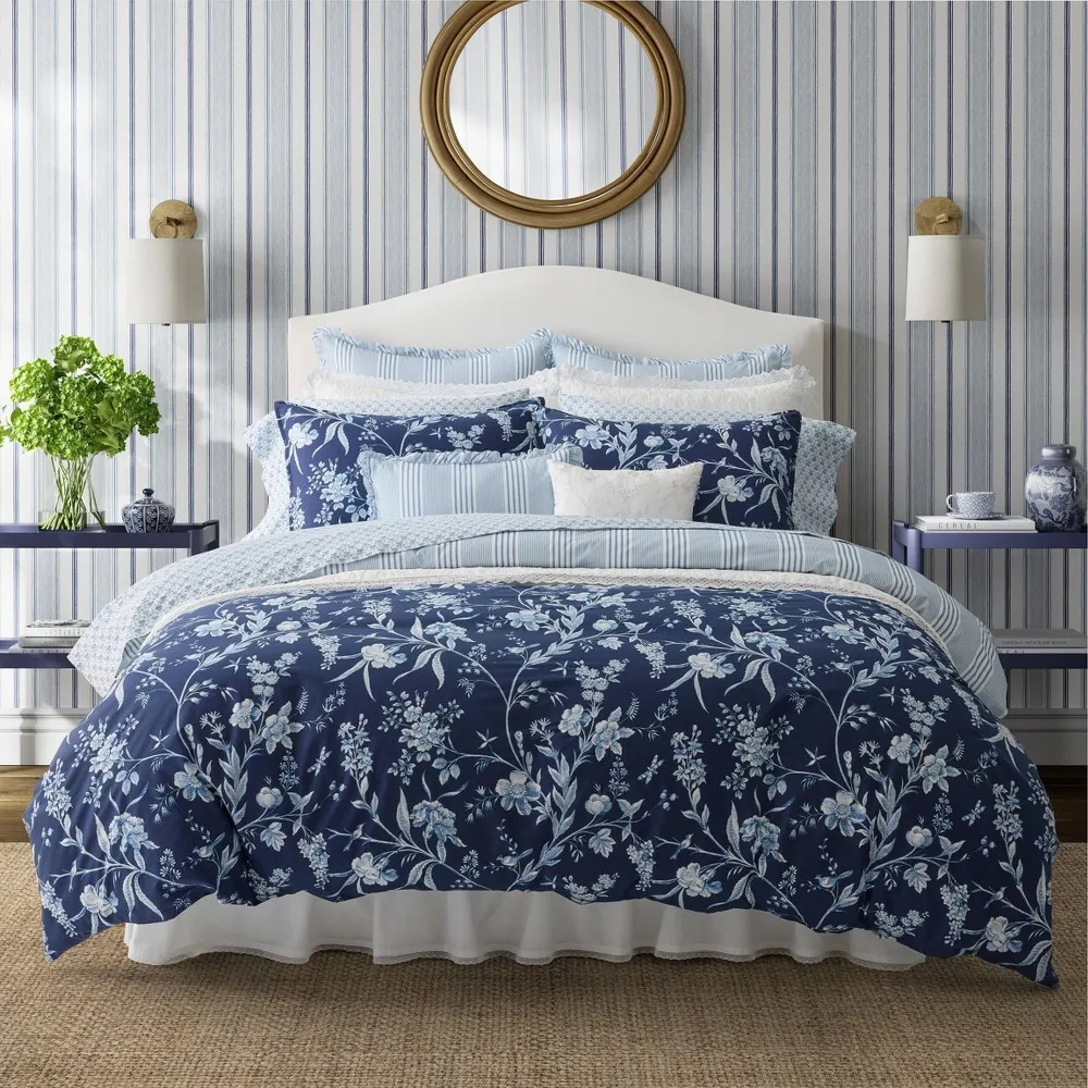 Laura Ashley 7pc Branch Toile 100% Cotton Comforter Sham Bonus Set Blue: Includes Euro Shams