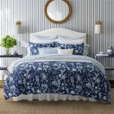 Laura Ashley 7pc King Branch Toile 100% Cotton Comforter Sham Bonus Set Blue