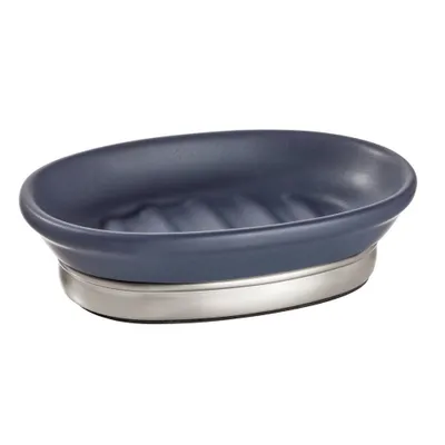 iDESIGN York Soap Dish Matte Navy/Brushed Nickel: Ceramic & Steel Bathroom Holder, Easy to Clean