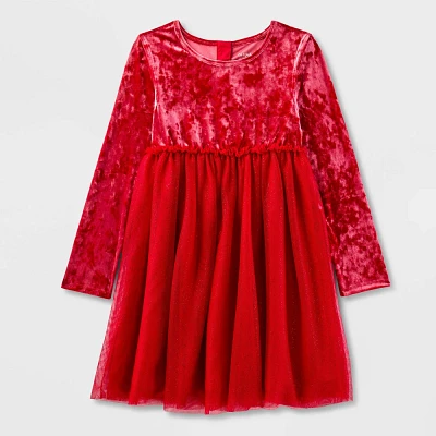 Girls Adaptive Long Sleeve Velour to Tulle Dress