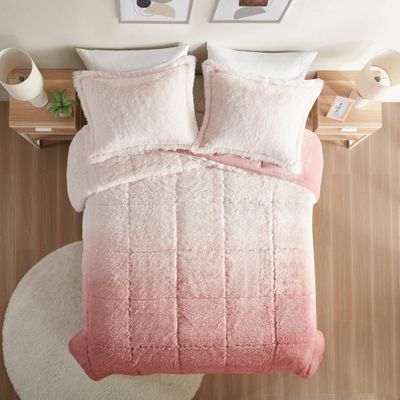 Intelligent Design 2pc Twin/Twin Extra Long Leena Shaggy Long Fur Comforter Mini Set Blush Ombre