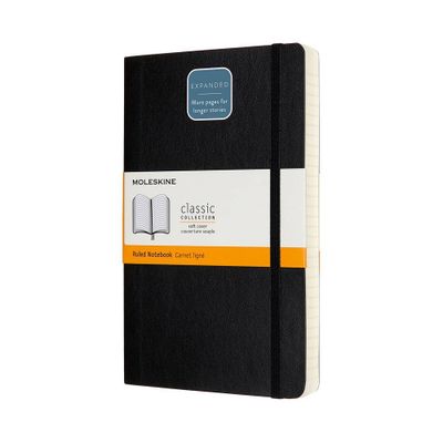 Moleskine Ruled Notebook Expanded LG Soft Cover Black: 400 Pages, Elastic Closure, Ribbon Marker, FSC Certified