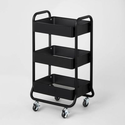 3 Tier Metal Utility Cart Black - Brightroom: Rolling Storage with Locking Casters, Powder-Coated Steel