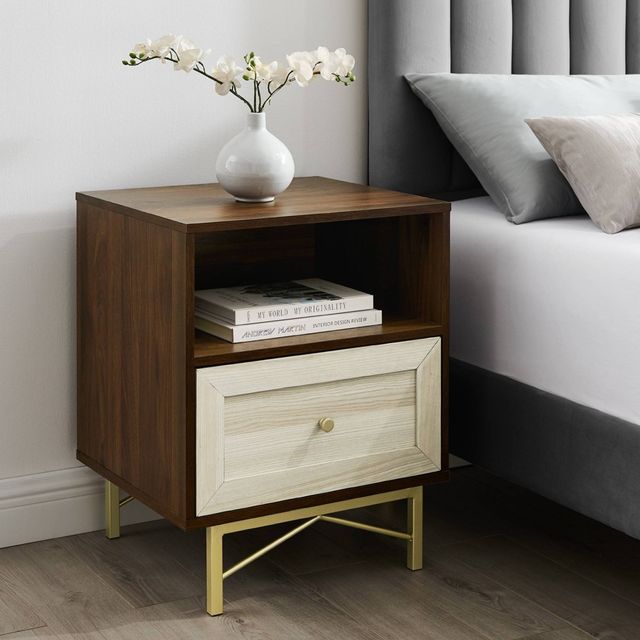 Jones Modern 1 Drawer Nightstand with Cubby Dark Walnut/White - Saracina Home: Contemporary Bedroom Storage