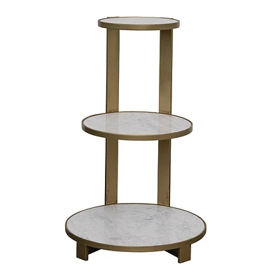 Storied Home Round Three-Tier Table Antique Brass: Elegant Side & Nightstand, Removable Marble Shelves