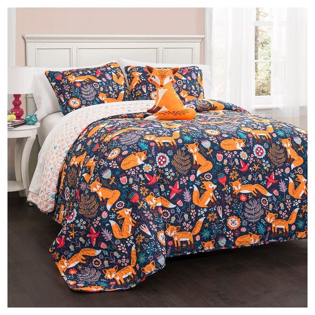 3pc Twin Kids Pixie Fox Reversible Quilt Set with Fox Throw Pillow Navy - Lush Dcor