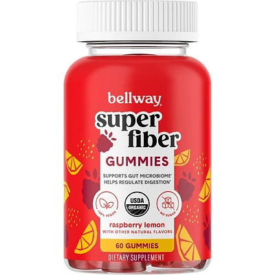 Bellway Super Fiber Gummies, Organic Sugar-Free Prebiotic Fiber Supplement Gummies - Raspberry Lemon - 60ct