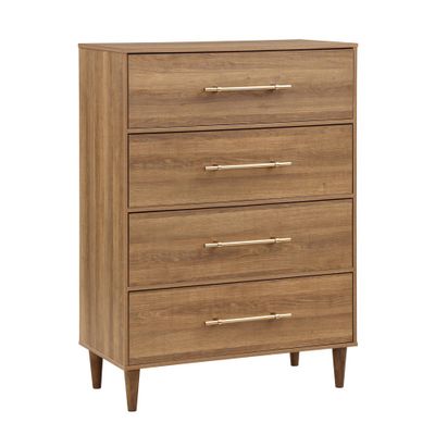 HOMES: Inside + Out Esigne Mid-Century 4 Drawer Chest Light Oak: Vertical Storage for Bedroom, MDF & Rubberwood