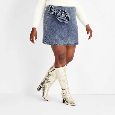 Womens Rosette Denim Mini Skirt