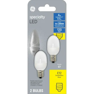 GE 2pk 4W C7 LED Nightlight Specialty Bulbs: 0.5W Energy Use, 22.8-Year Life, E12 Base, 2700K, 5 Lumens, White