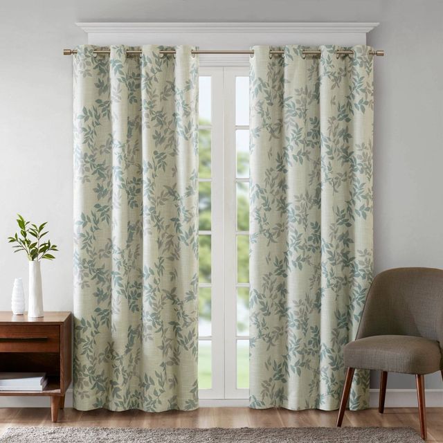 95x50 Lila Printed Botanical Blackout Panel Aqua: SunSmart Energy Efficient Floral Curtain Panel