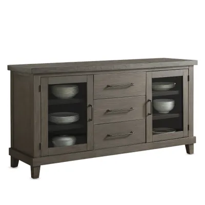 Mila Server Washed Gray - Steve Silver Co.: Contemporary Style, Veneer Finish, Glass Doors, 3 Drawers