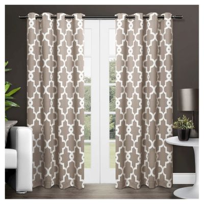 Set of 2 96x52 Ironwork Sateen Woven Room Darkening Window Curtain Panel Taupe - Exclusive Home: Geometric, Thermal Insulated, Grommet Top