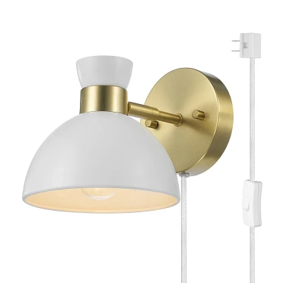 Globe Electric 1-Light Matte Brass Plug-In or Hardwire Wall Sconce with White Metal Shade