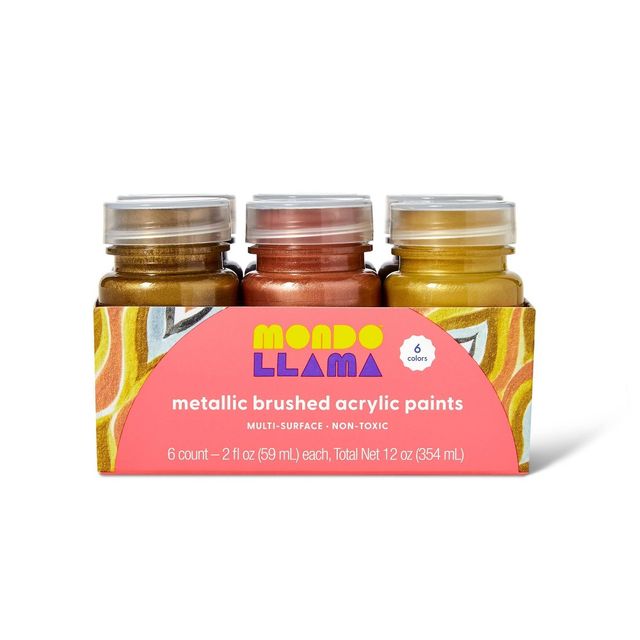 6ct Metallic Brushed Acrylic Paints - Mondo Llama: Non-Toxic, Multi-Surface, Water-Based, Craft Paint for Ages 13+