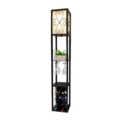 Creekwood Home Eleganzia 62.5 Vino Wine Rack and Storage Floor Lamp with Stemware Holder Black