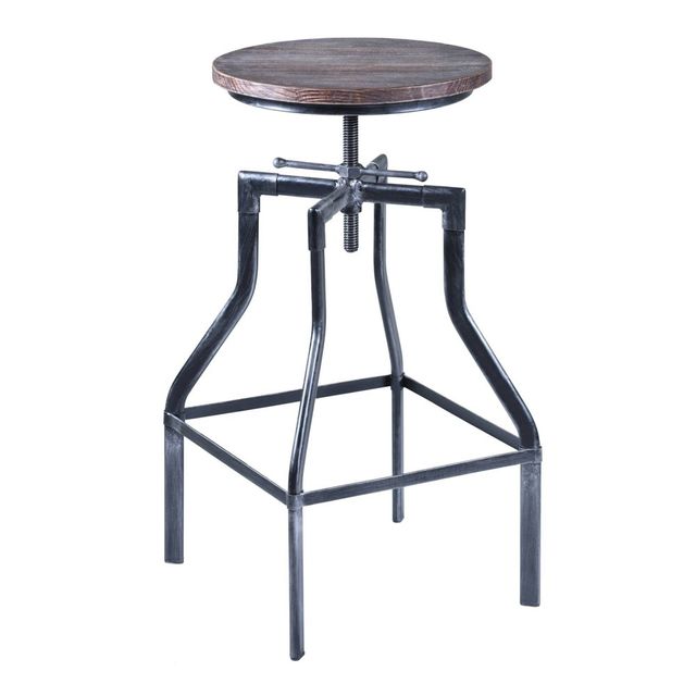 Eagleswood Adjustable Industrial Barstool Gray/Pine - Armen Living: Swivel, Pine Wood Seat, Metal Frame