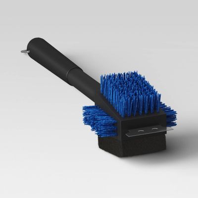 Grill Cleaning Brush Blue Nylon Bristles Black - Room Essentials: Long Handle, Sponge, Metal Scraper