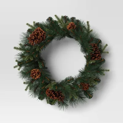 24 Mixed Greenery with Pinecones Artificial Christmas Wreath Green - Wondershop: Indoor/Outdoor, Traditional Style