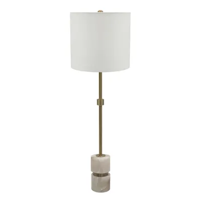 10x33.5 Ipori Alabaster and Metal Buffet Lamp White/Brass - A&B Home: Cylinder Shade, Transitional Style