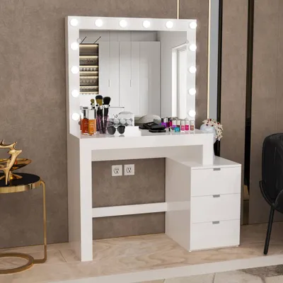 Boahaus Pandora Lighted Makeup Vanity with 3 Drawers White