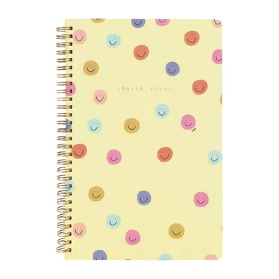 Church Notes 40pg Ruled Spiral Notebook 10.25x6.25 Smiley: Kids & Teens Lined Journal, Soft Cover, Yellow, Single Subject