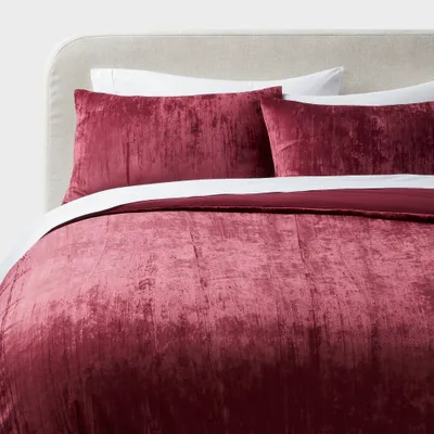 3pc King Luxe Distressed Crinkle Velvet Duvet Cover & Sham Set Berry Red - Threshold: Recycled Polyester, OEKO-TEX Certified