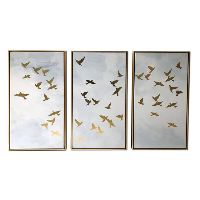 48 x 30 Golden Birds Triptych Floating Framed Wall Canvas Blue - Gallery 57