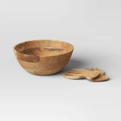 3pc Wood Salad Bowl Set with Utensils - Threshold