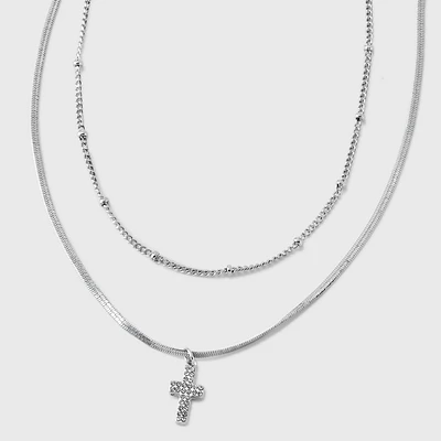 Pave Cross and Chain Multi-Strand Necklace - Wild Fable Silver